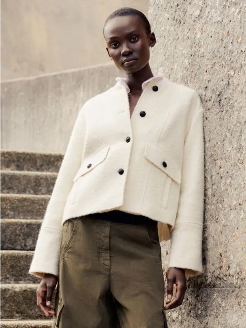 ME+EM Cream Wool Short Pea Coat with Black Buttons - Picture 2 of 9